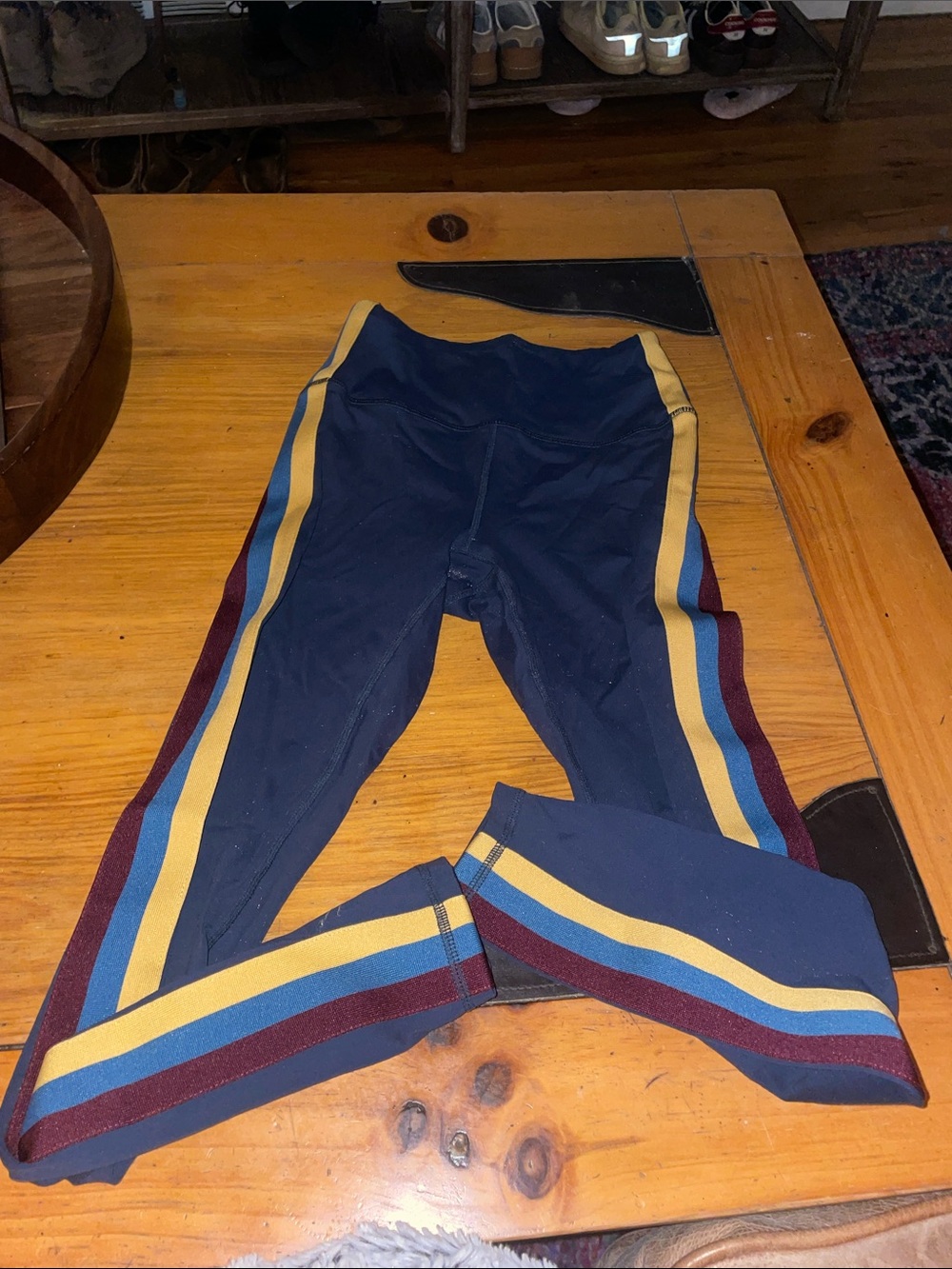 Spiritual Gangster Navy Athletic Leggings with yellow &Maroon Side Stripes